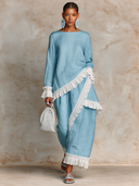 Women's Resort Style Cotton Linen Patchwork Lace Long-Sleeved Trousers Two-Piece Set ZMZ1588I3XT