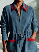 Women's American Retro Casual Color-Block Faux Suede Zip-Up Jacket ZMZ1568I3ZYY
