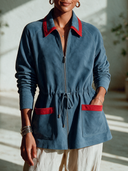 Women's American Retro Casual Color-Block Faux Suede Zip-Up Jacket ZMZ1568I3ZYY