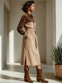 Women's American Retro Casual Corduroy And Faux Suede Patchwork Midi Dress ZMZ1581I7ZYY