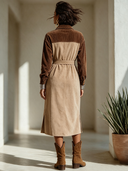 Women's American Retro Casual Corduroy And Faux Suede Patchwork Midi Dress ZMZ1581I7ZYY