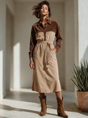 Women's American Retro Casual Corduroy And Faux Suede Patchwork Midi Dress ZMZ1581I7ZYY