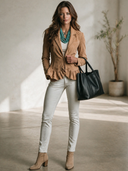 Women's American Retro Faux Suede Blazer With Zip Placket And Ruffled Hem ZMZ1506I2ZYY