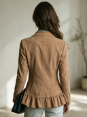 Women's American Retro Faux Suede Blazer With Zip Placket And Ruffled Hem ZMZ1506I2ZYY