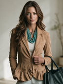 Women's American Retro Faux Suede Blazer With Zip Placket And Ruffled Hem ZMZ1506I2ZYY