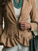 Women's American Retro Faux Suede Blazer With Zip Placket And Ruffled Hem ZMZ1506I2ZYY