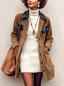 Women's Classic Corduroy And PU Leather Collar Mid-Length Button Jacket ZMZ1677I7SWL