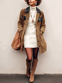 Women's Classic Corduroy And PU Leather Collar Mid-Length Button Jacket ZMZ1677I7SWL