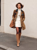 Women's Classic Corduroy And PU Leather Collar Mid-Length Button Jacket ZMZ1677I7SWL