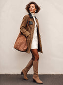 Women's Classic Corduroy And PU Leather Collar Mid-Length Button Jacket ZMZ1677I7SWL