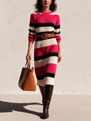 Women's Fashionable Color-Blocked Striped Knit Long-Sleeved Belted Midi Dress ZMZ1686I0SWL
