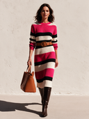 Women's Fashionable Color-Blocked Striped Knit Long-Sleeved Belted Midi Dress ZMZ1686I0SWL