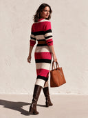 Women's Fashionable Color-Blocked Striped Knit Long-Sleeved Belted Midi Dress ZMZ1686I0SWL