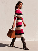 Women's Fashionable Color-Blocked Striped Knit Long-Sleeved Belted Midi Dress ZMZ1686I0SWL