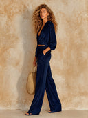 Women's Retro Velvet Ruffled Collar Top and Wide-Leg Pants Two-Piece Set ZMZ1675I5XT