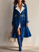 Women's Classic Royal Blue Faux Suede Coat With White PU Leather Collar (including Belt) ZMZ1690I6SWL