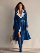 Women's Classic Royal Blue Faux Suede Coat With White PU Leather Collar (including Belt) ZMZ1690I6SWL