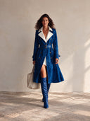 Women's Classic Royal Blue Faux Suede Coat With White PU Leather Collar (including Belt) ZMZ1690I6SWL