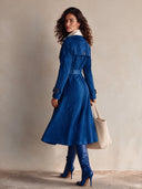 Women's Classic Royal Blue Faux Suede Coat With White PU Leather Collar (including Belt) ZMZ1690I6SWL