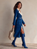 Women's Classic Royal Blue Faux Suede Coat With White PU Leather Collar (including Belt) ZMZ1690I6SWL