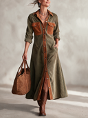Women's Classic Color-Block Corduroy Button-Front Long-Sleeve Midi Dress ZMZ1630I4SWL