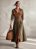 Women's Classic Color-Block Corduroy Button-Front Long-Sleeve Midi Dress ZMZ1630I4SWL