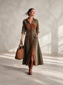 Women's Classic Color-Block Corduroy Button-Front Long-Sleeve Midi Dress ZMZ1630I4SWL