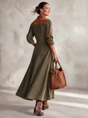 Women's Classic Color-Block Corduroy Button-Front Long-Sleeve Midi Dress ZMZ1630I4SWL