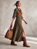 Women's Classic Color-Block Corduroy Button-Front Long-Sleeve Midi Dress ZMZ1630I4SWL