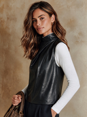 Women's Urban Solid-Color Sleeveless Faux Leather Mock-Neck Vest ZMZ1613I3XT