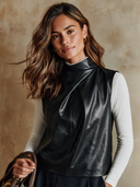 Women's Urban Solid-Color Sleeveless Faux Leather Mock-Neck Vest ZMZ1613I3XT