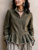 Women's Classic Army Green Faux Suede Stand Collar Zipper Slim Fit Jacket ZMZ1645I5SWL