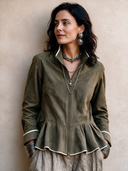 Women's Classic Army Green Faux Suede Stand Collar Zipper Slim Fit Jacket ZMZ1645I5SWL