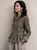 Women's Classic Army Green Faux Suede Stand Collar Zipper Slim Fit Jacket ZMZ1645I5SWL