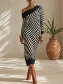 Women's French-style Elegant Black And White Striped Off-shoulder Long-sleeve Knit Midi Dress ZMZ1780I8ZYY