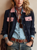 Women's Stylish Navy Faux Suede Color-Block Button-Front Jacket ZMZ1748I9SWL