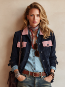 Women's Stylish Navy Faux Suede Color-Block Button-Front Jacket ZMZ1748I9SWL