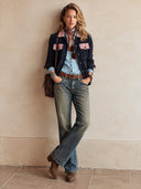 Women's Stylish Navy Faux Suede Color-Block Button-Front Jacket ZMZ1748I9SWL