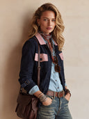 Women's Stylish Navy Faux Suede Color-Block Button-Front Jacket ZMZ1748I9SWL