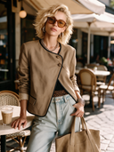 Women's Classic Khaki Twill Cotton Trim Two-Button Jacket ZMZ1756I4SWL