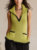Women's Chartreuse Bouclé Contrast-Trim Sleeveless Vest ZMZ1746I9YZH