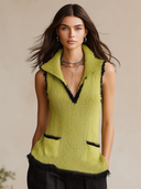 Women's Chartreuse Bouclé Contrast-Trim Sleeveless Vest ZMZ1746I9YZH