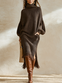 Women's Oversized Turtleneck Ribbed Knit Sweater Dress With Fringe Hem ZMZ1742I0YZH