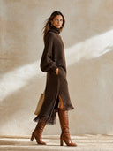 Women's Oversized Turtleneck Ribbed Knit Sweater Dress With Fringe Hem ZMZ1742I0YZH