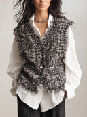 Women's Tweed Vest Sleeveless V Neck Fringe Trim Plaid Button Down Gilet Casual Layering Waistcoat For Fall ZMZ1722I0YZH