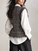 Women's Tweed Vest Sleeveless V Neck Fringe Trim Plaid Button Down Gilet Casual Layering Waistcoat For Fall ZMZ1722I0YZH