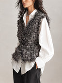 Women's Tweed Vest Sleeveless V Neck Fringe Trim Plaid Button Down Gilet Casual Layering Waistcoat For Fall ZMZ1722I0YZH
