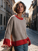 Women's Vintage-Style Elegant Casual Color-Block Crew-Neck Flare-Sleeve Sweater ZMZ1523I6ZYY