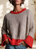 Women's Vintage-Style Elegant Casual Color-Block Crew-Neck Flare-Sleeve Sweater ZMZ1523I6ZYY