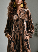 Women's Vintage Elegant Printed Velvet V-Neck Lantern-Sleeve Loose Maxi Dress ZMZ1798I4ZYY